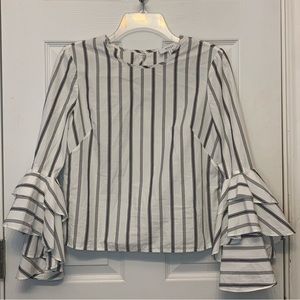 MILLY Black & White Striped Shirt with Ruffle Sleeve, size: 2
